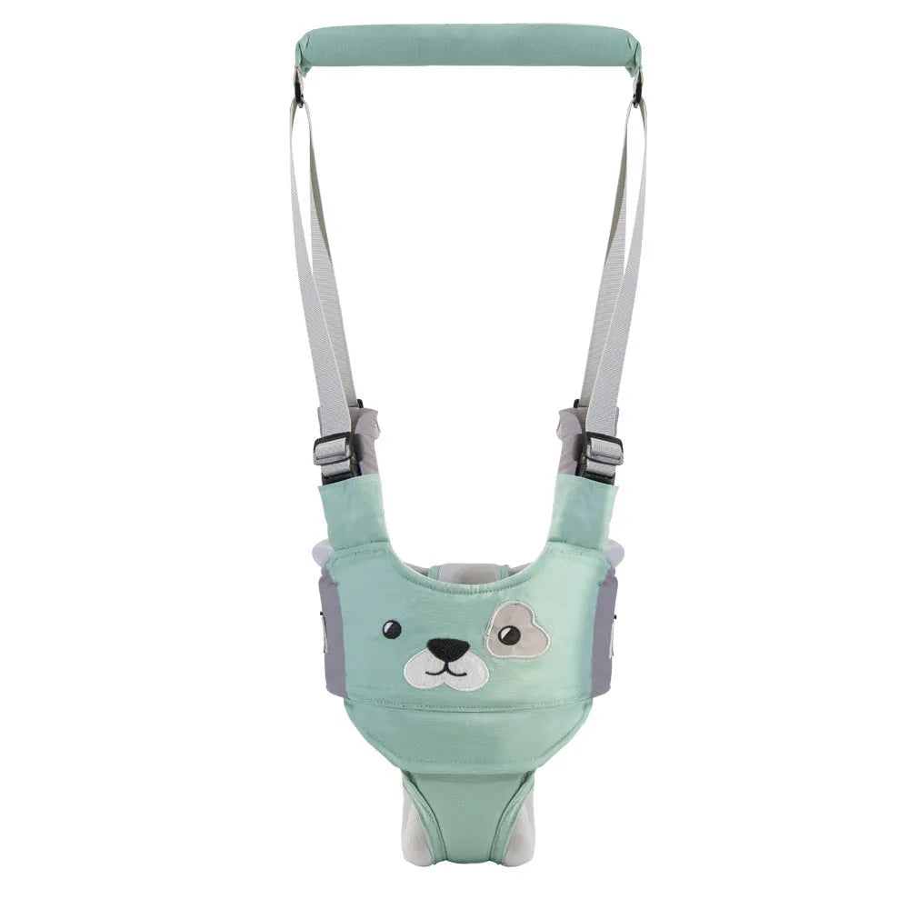 Blue cotton baby walking harness belt with straps, shown being used to support a toddler learning to walk.