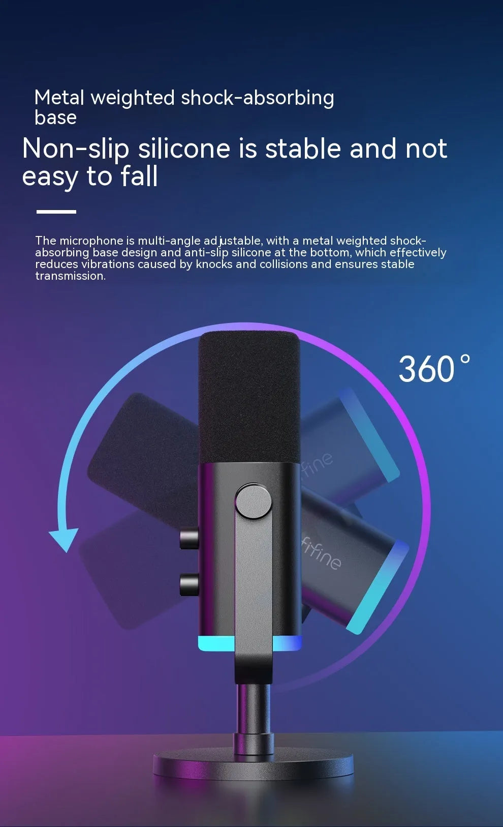 Dynamic cardioid microphone in black with USB-C cable, XLR cable, and adjustable desktop stand