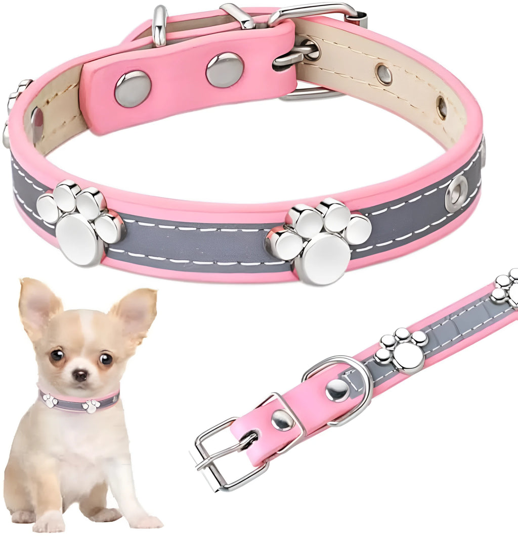 Reflective leather dog collar with paw rivet design in adjustable sizes for dogs