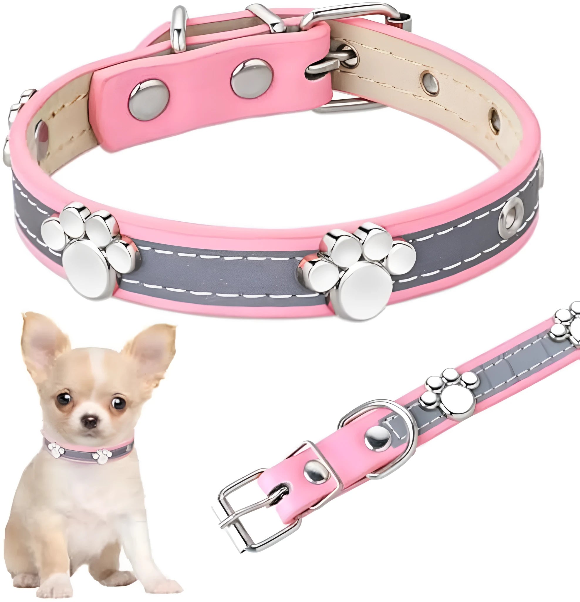 Reflective leather dog collar with paw rivet design in adjustable sizes for dogs