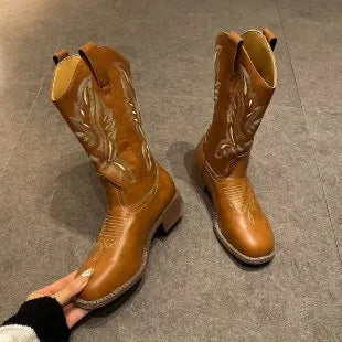 Brown women's embroidered mid-calf Martin boots with a square heel and leather lining.