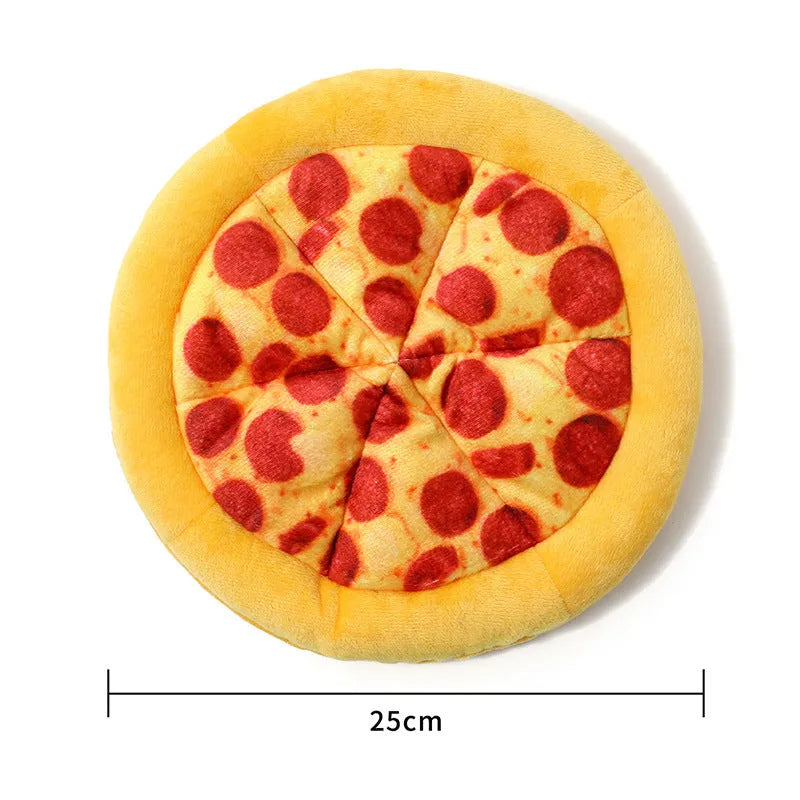 Yellow teddy pizza slice dog chew toy with textured surface and squeaker, 17 cm long.