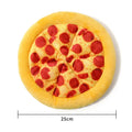 Yellow teddy pizza slice dog chew toy with textured surface and squeaker, 17 cm long.