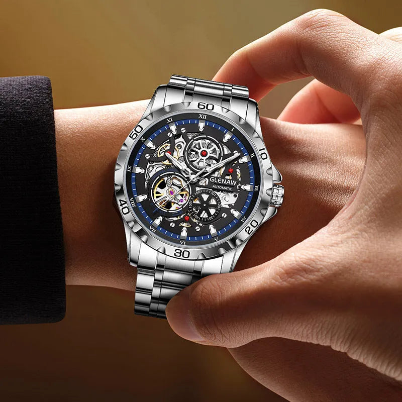 Men's double-sided skeleton automatic watch with luminous hands and stainless steel strap