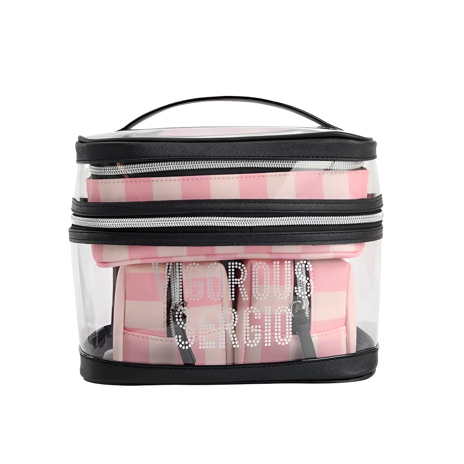 Professional pink striped makeup bag with floral pattern and folding design for cosmetic organisation