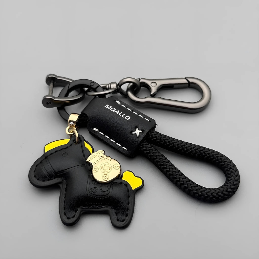Cowhide car key ring pendant with zinc alloy pony belt buckle on flanelle rope in various colour options