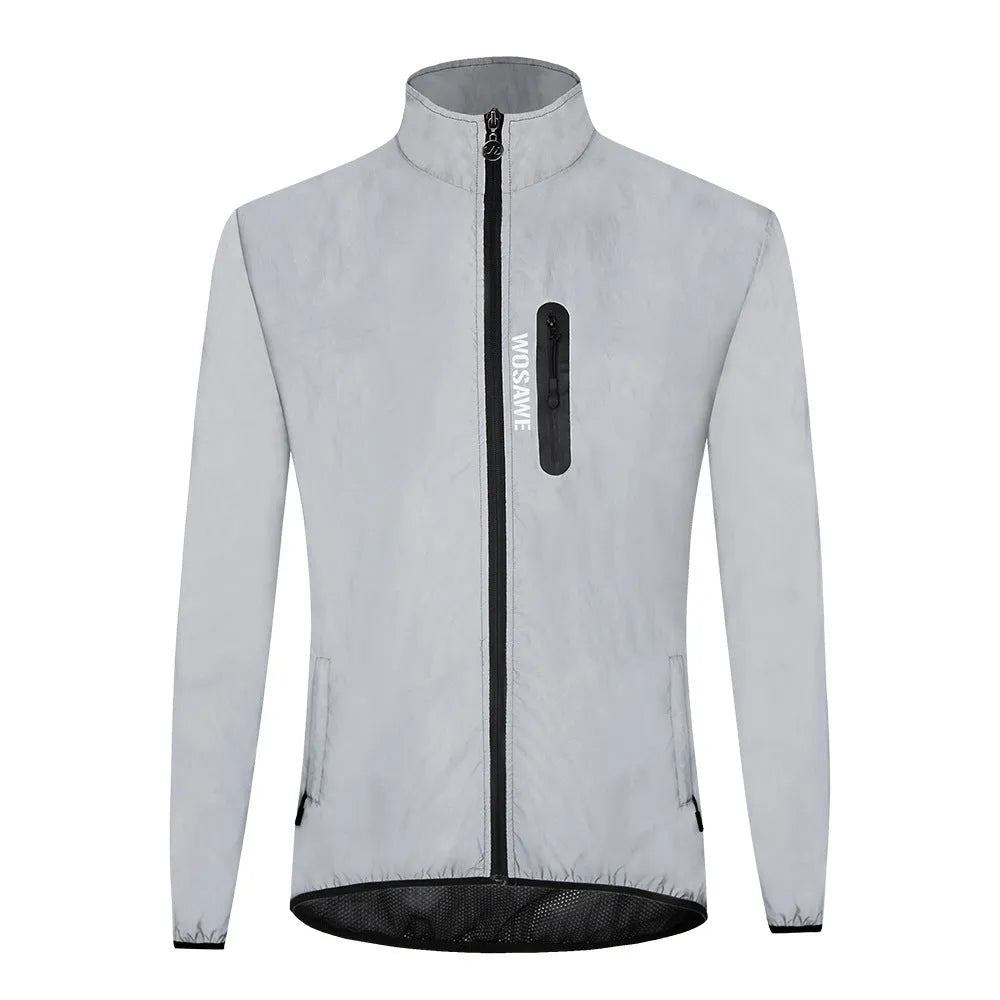 Silver waterproof polyester long sleeve coat showing windproof features and European sizing options