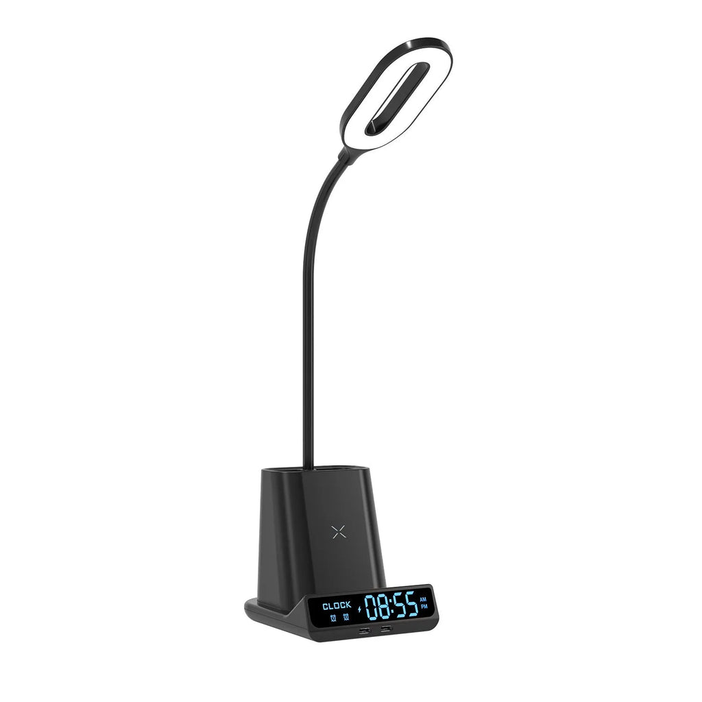 Modern black and white wireless charging desk lamp with integrated pen holder and storage compartment.