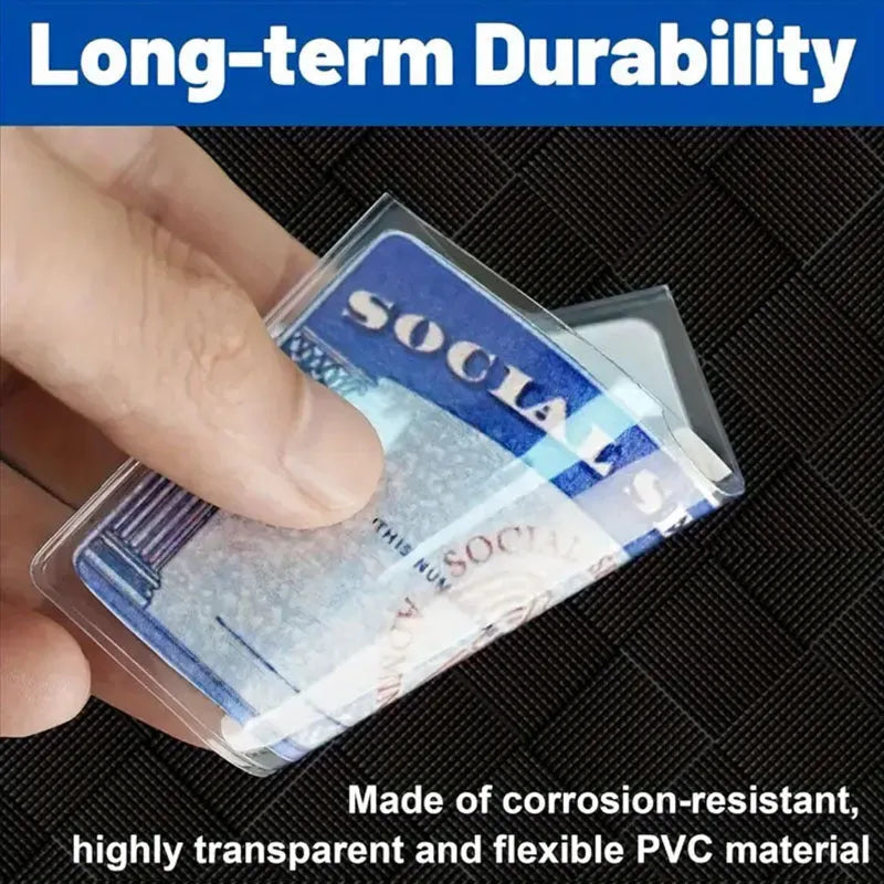 Transparent waterproof PVC ID card holder for social security cards measuring 9.7 by 5.9 cm