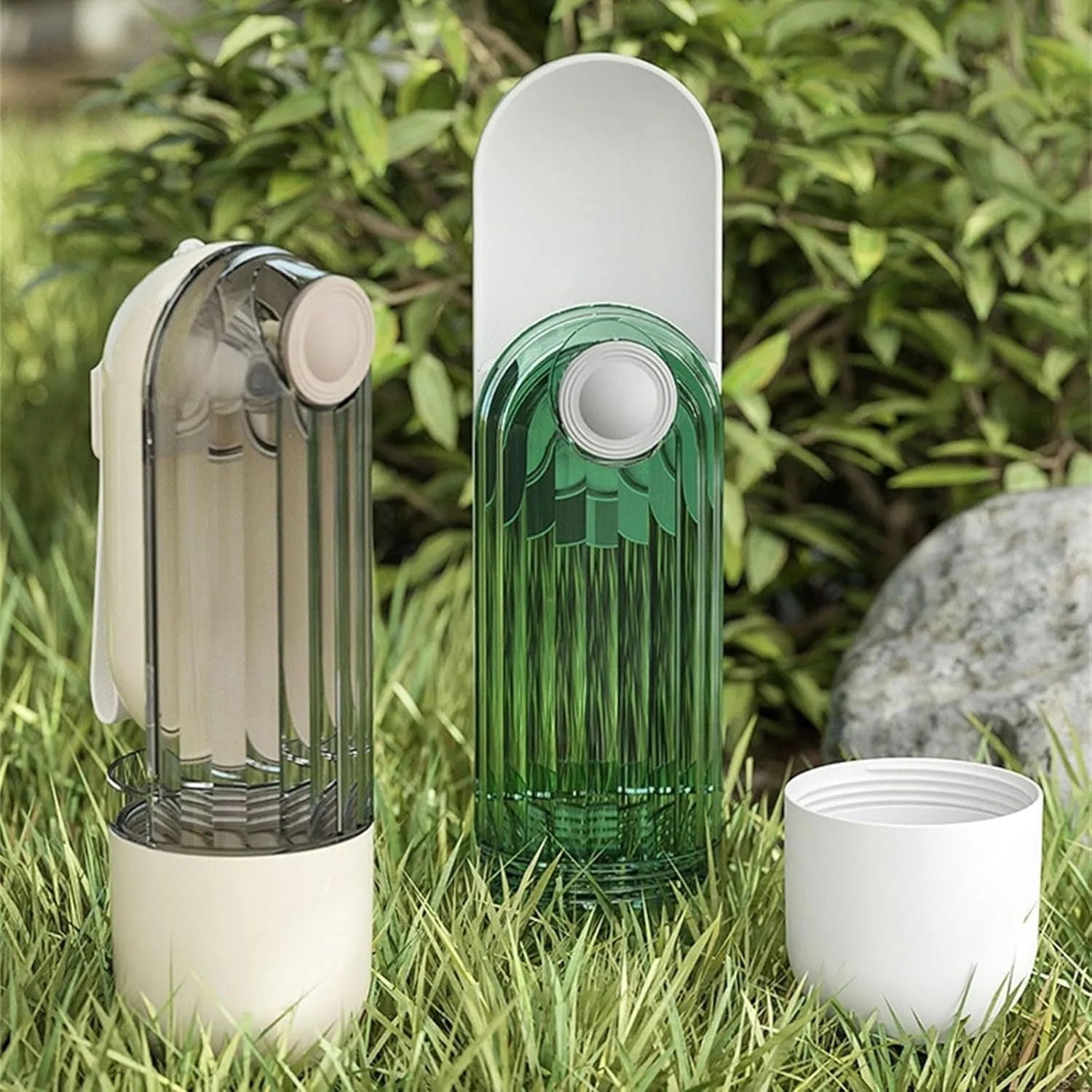 Beige foldable dog water bottle with drinking tray and base food container, shown open and closed