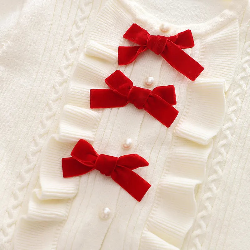 Knitted two-piece baby girl skirt suit with long-sleeve bow top and skirt in red, black or pink, sizes 80cm to 130cm