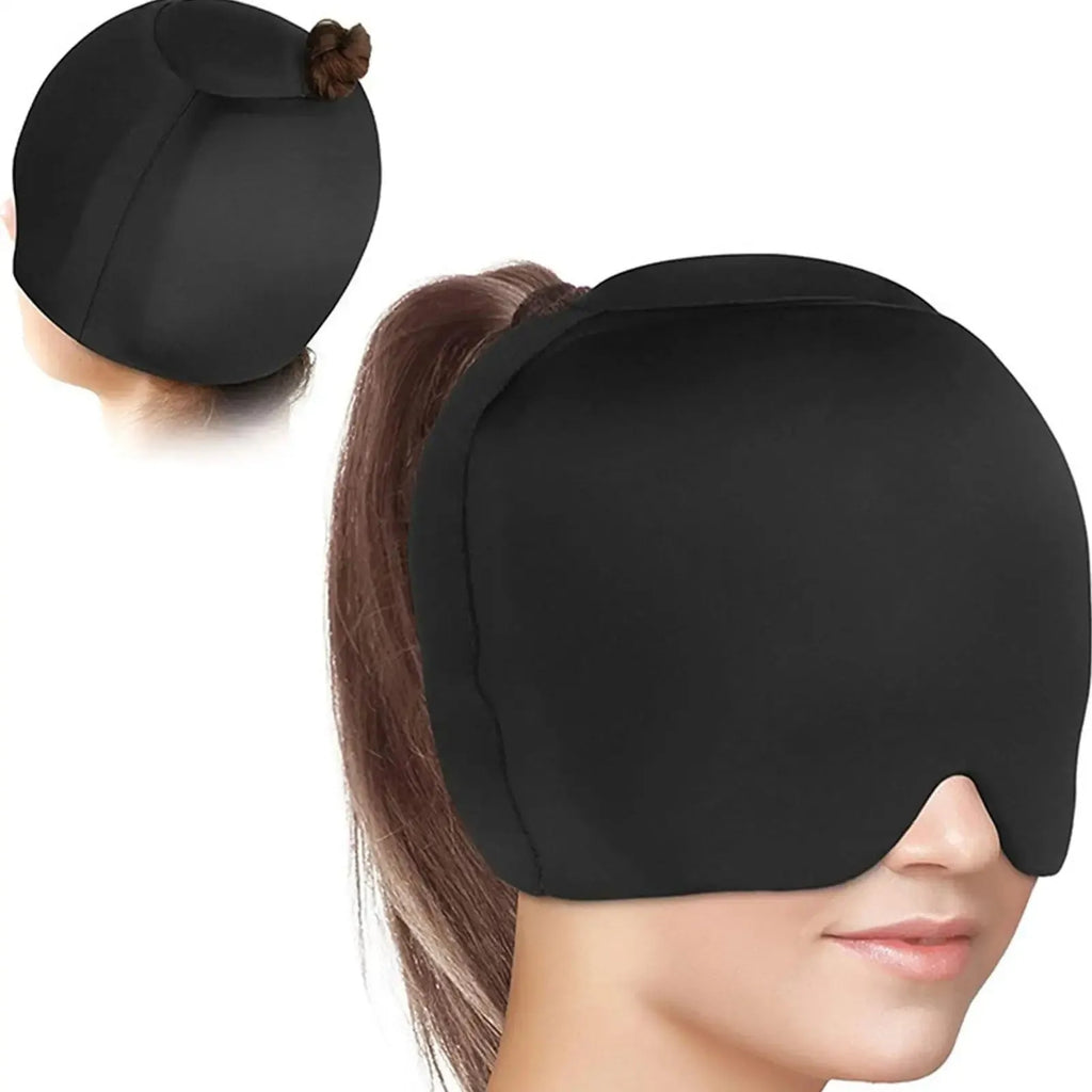Simple solid colour cold compress cap in black, pink, or dark blue with fully enclosed design
