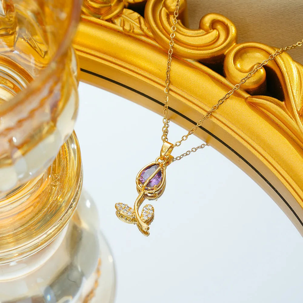 Zircon tulip necklace for women in gold colour on adjustable O-ring chain, showing floral pendant shape.