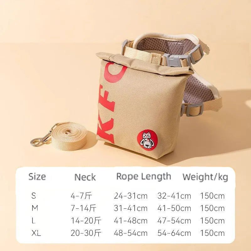 Cartoon hamburger design adjustable vest leash harness for a dog on a walk.