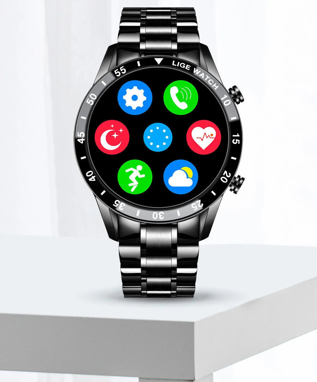 Smart watch with stainless steel band showing 1.3-inch touchscreen displaying step count