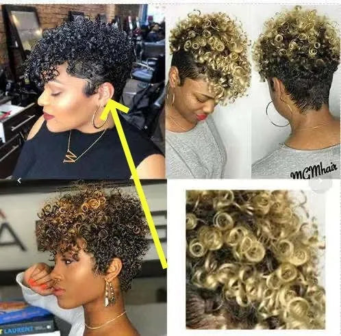 Women's short synthetic wig with simple rolls style in Kanekalon hair, showing exotic design.
