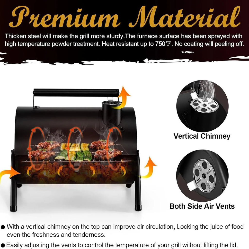 Small black folding desktop barbecue smoking device with charcoal stove and grill.