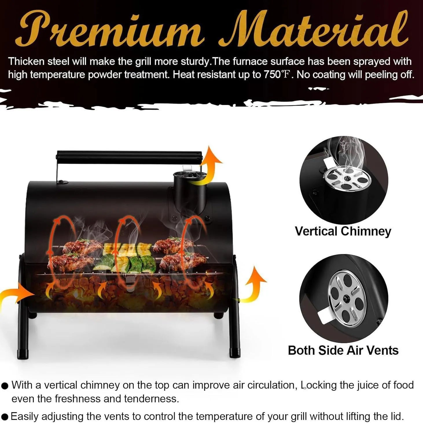Small black folding desktop barbecue smoking device with charcoal stove and grill.