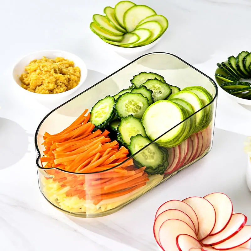 Transparent green multifunction vegetable cutter with six stainless steel blade heads and a large capacity box