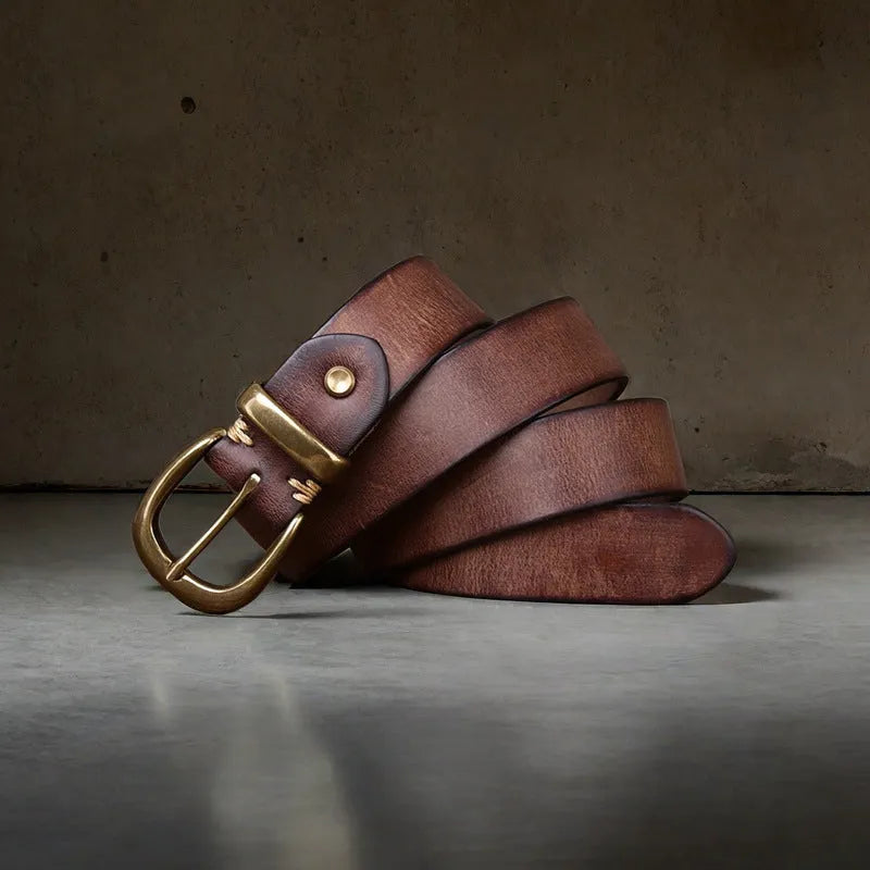 Men's black cattlehide leather belt with copper pin buckle shown at 95-125 cm length.