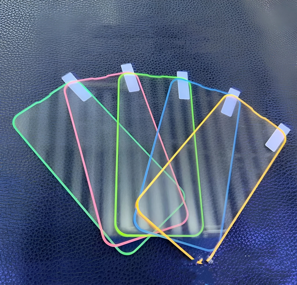 Fluorescent tempered glass screen film for iPhone showing luminous green glow effect