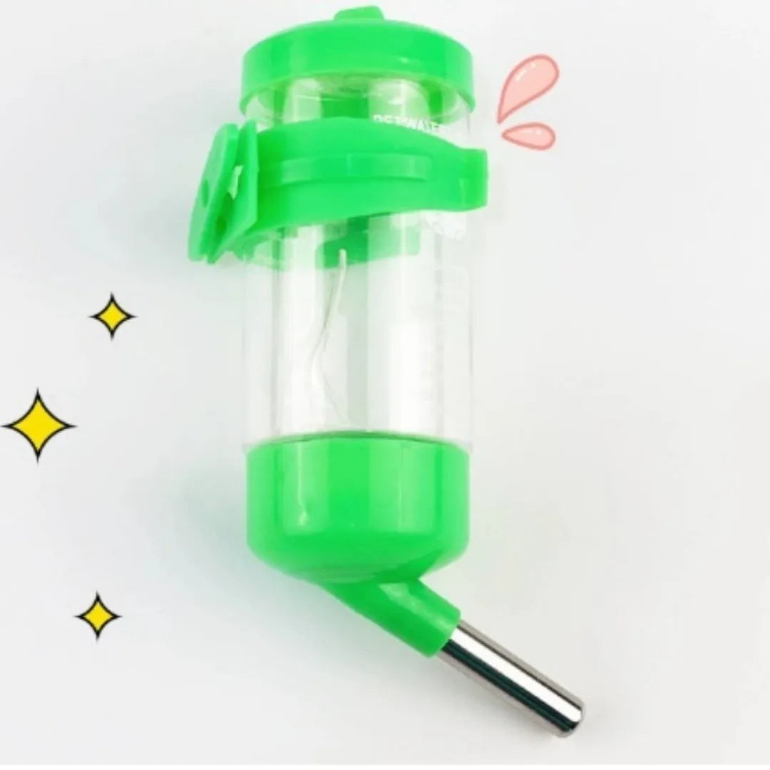 Ball kettle style plastic pet water feeder with a glass tube, shown in green, yellow, pink, white, and sky blue.