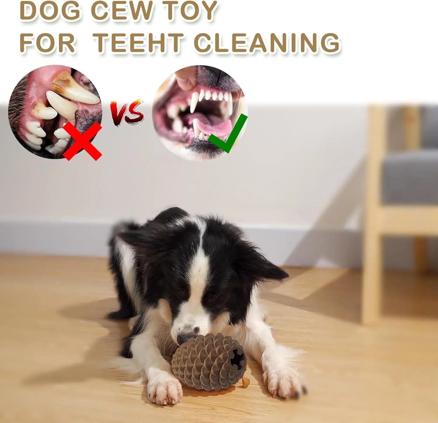 Yellow pine cone shaped natural rubber dog chew toy with treat dispenser hole.