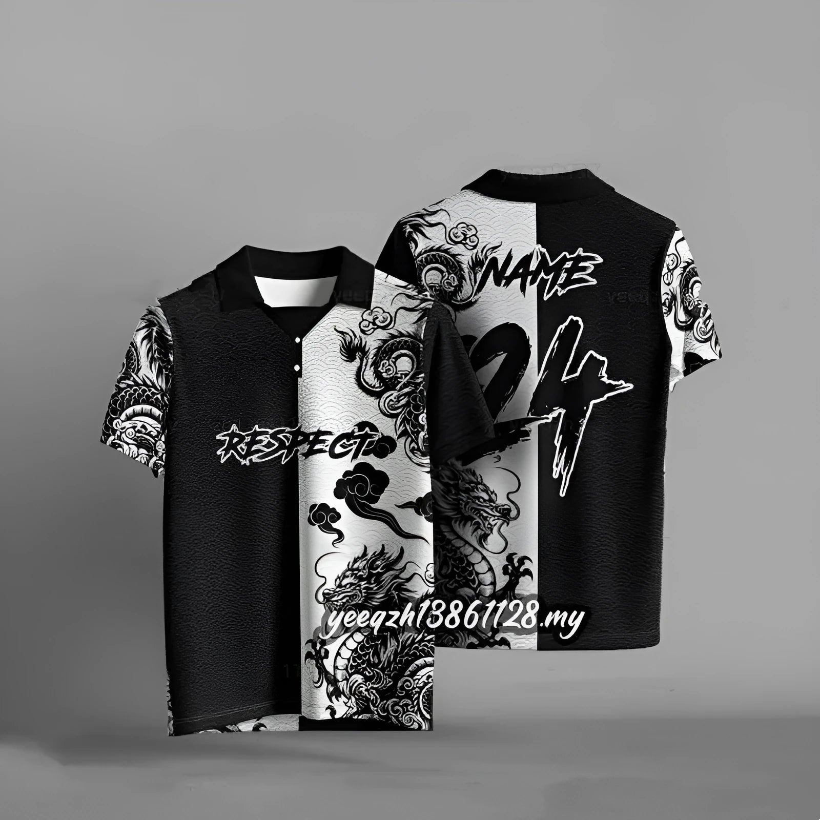 Black loose fit T-shirt with 3D digital print graphics, short sleeves.