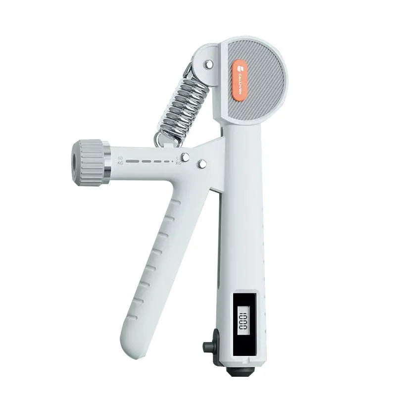 Adjustable count spring hand grip strength trainer in ivory white, black, or green.