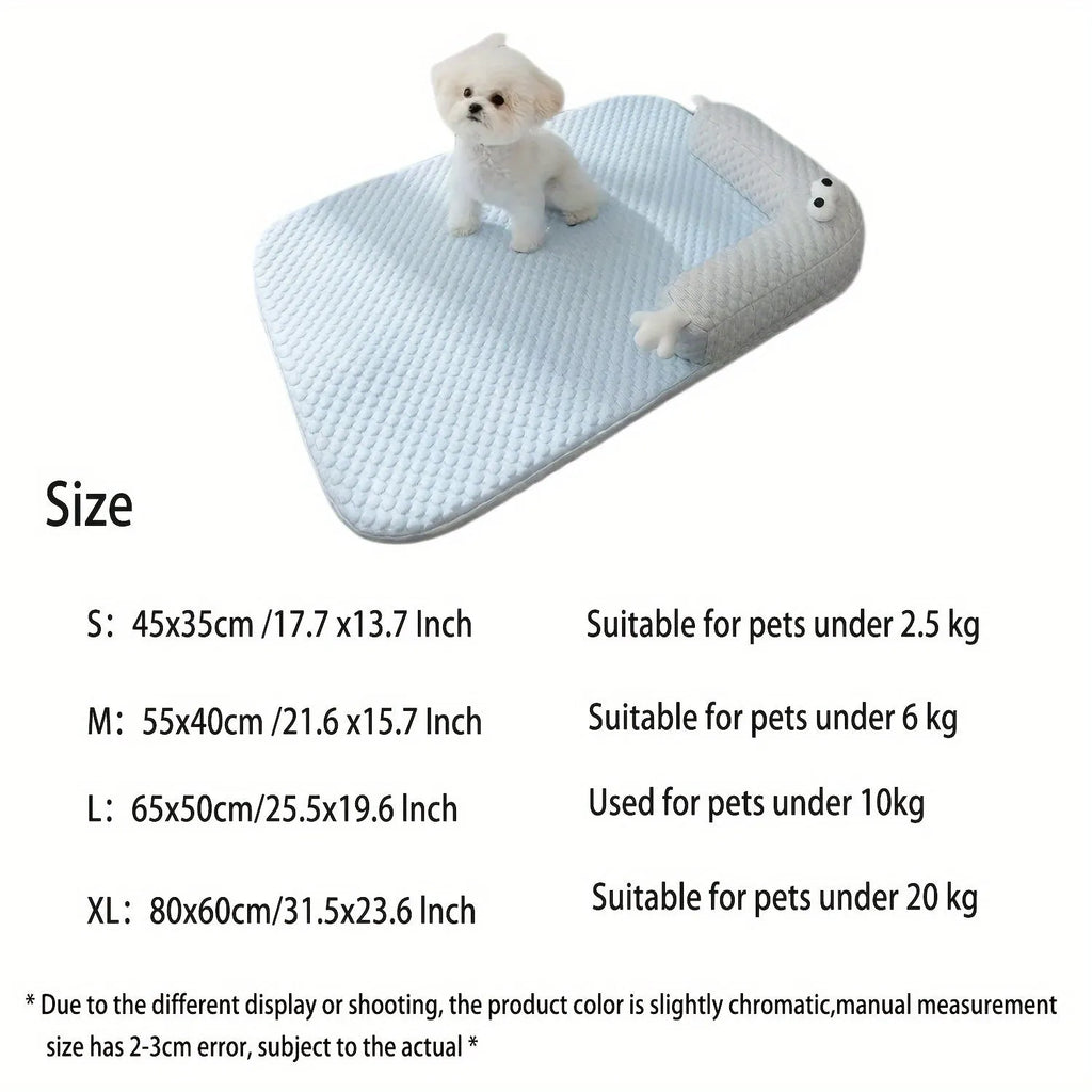 Blue monster design polyester pet bed for dogs and cats on a wooden floor.