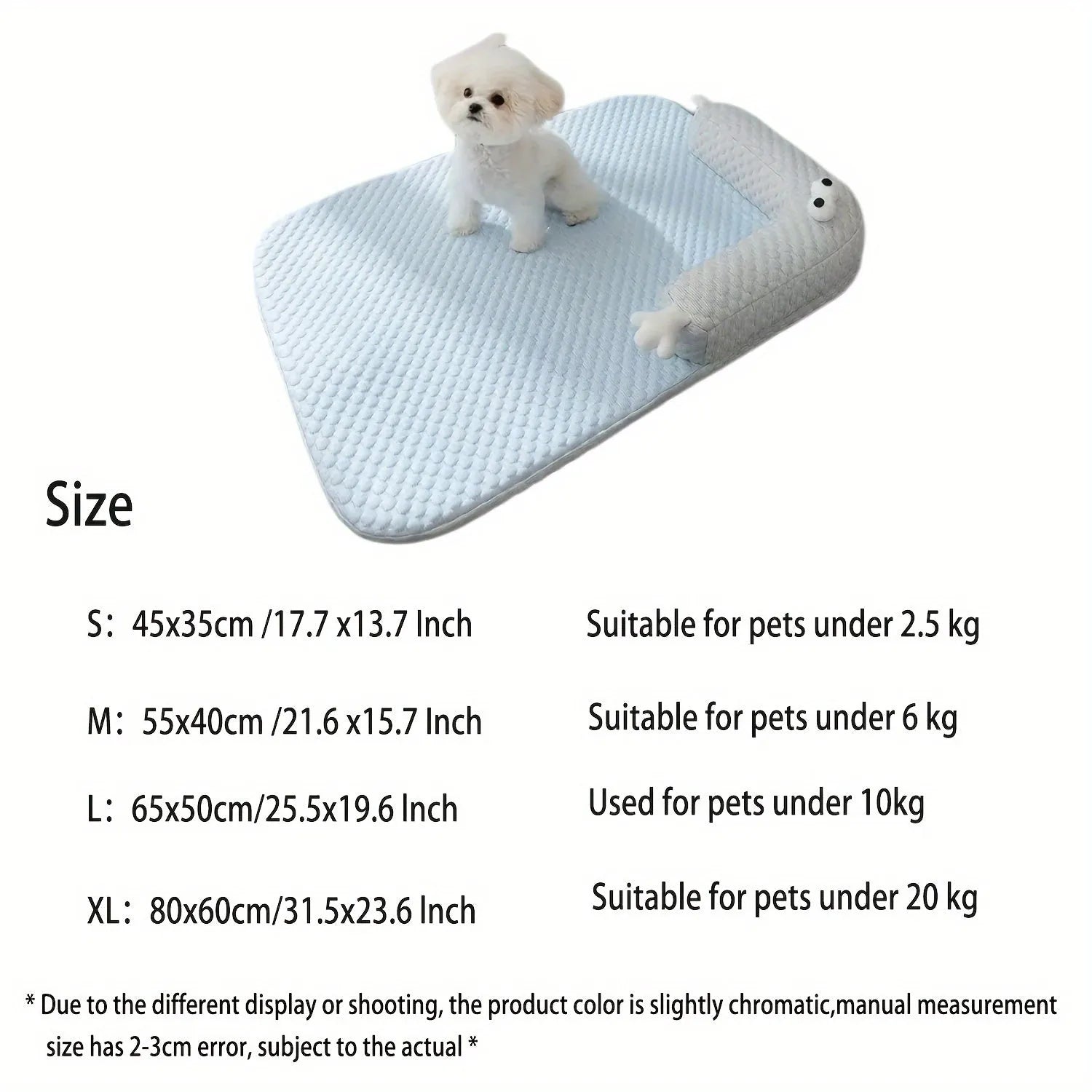 Blue monster design polyester pet bed for dogs and cats on a wooden floor.