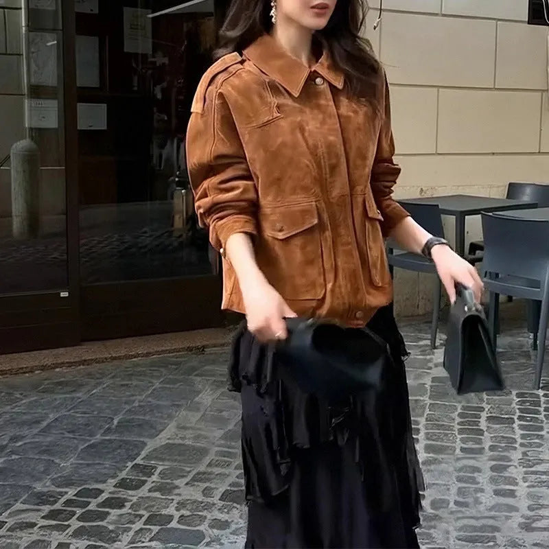 Women's brown suede coat with regular sleeves in street chic style, polyester fabric