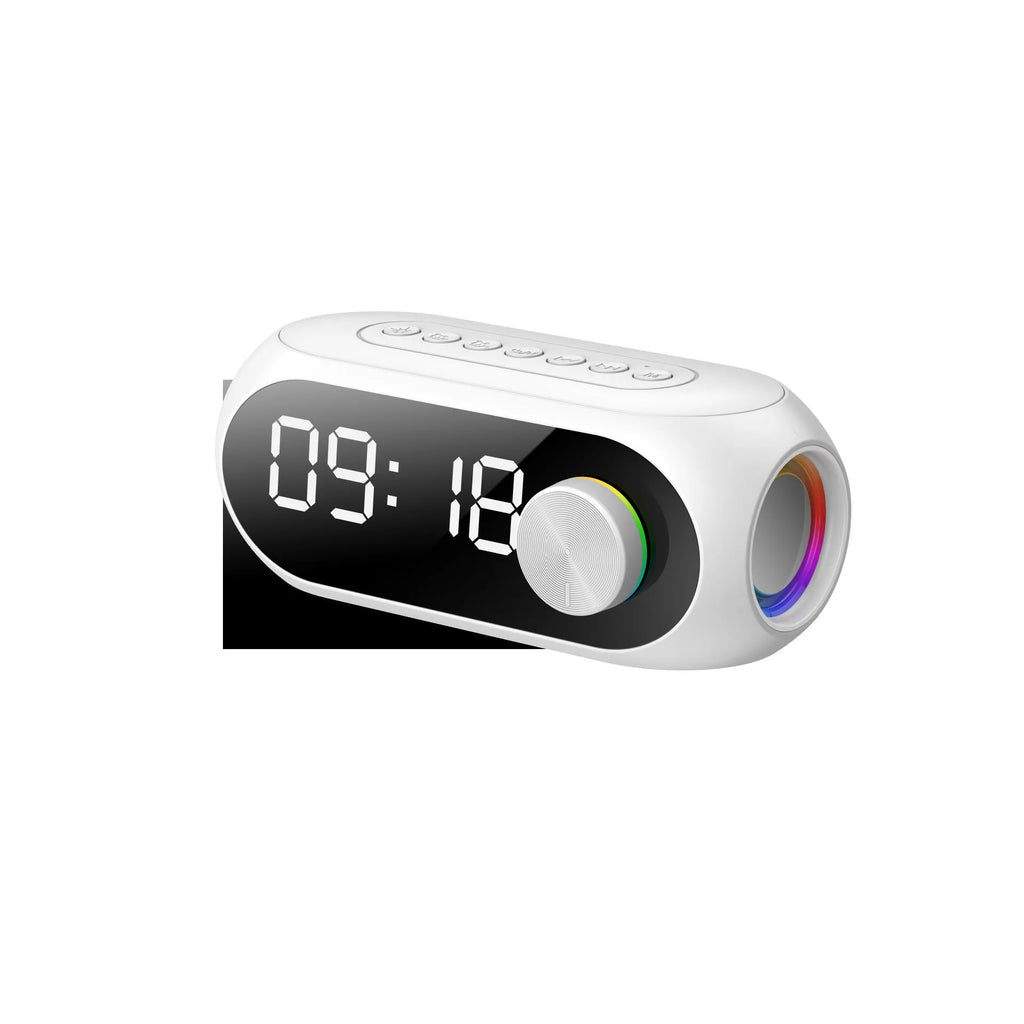 Mini portable Bluetooth speaker with extra bass and digital clock display in black, white, or blue