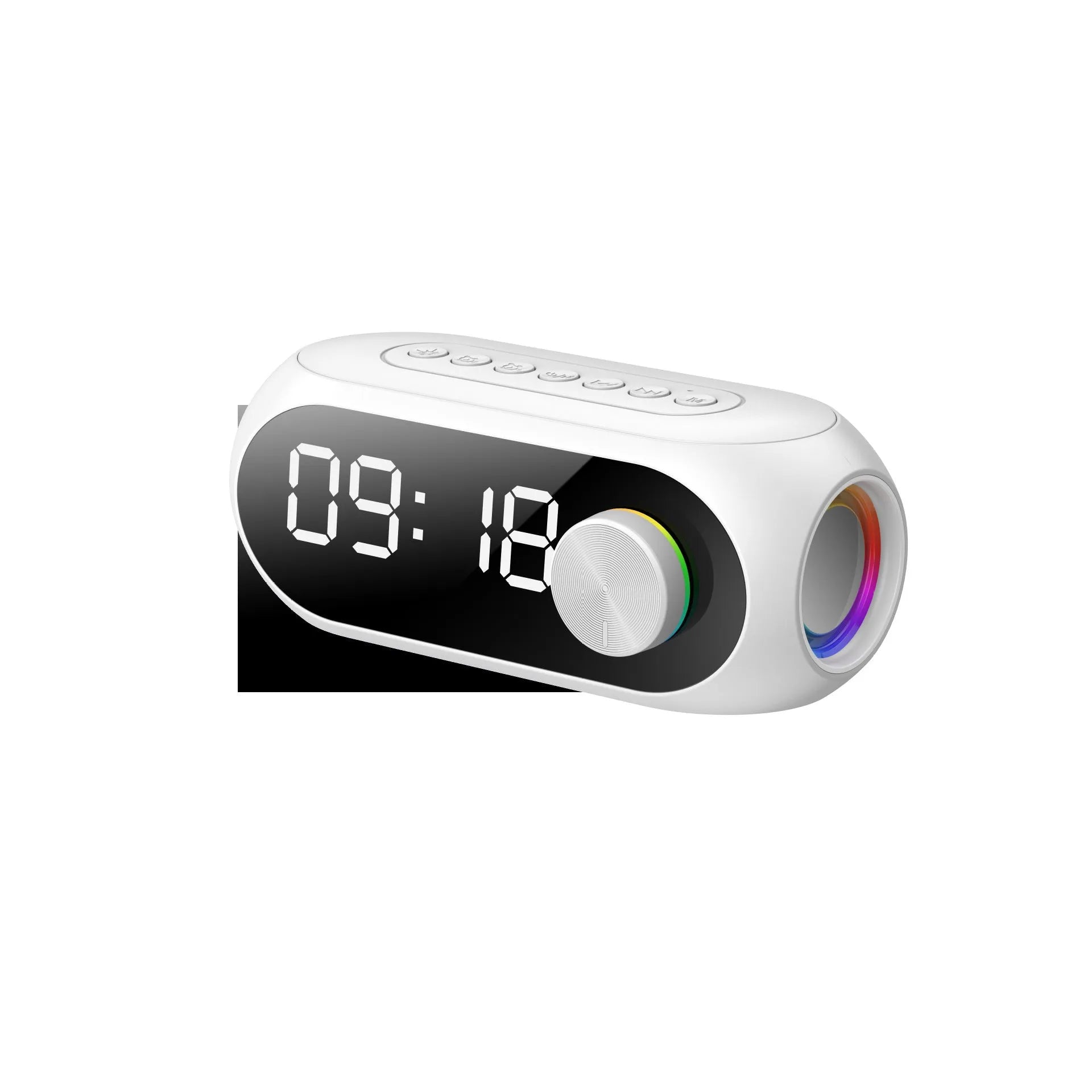 Mini portable Bluetooth speaker with extra bass and digital clock display in black, white, or blue