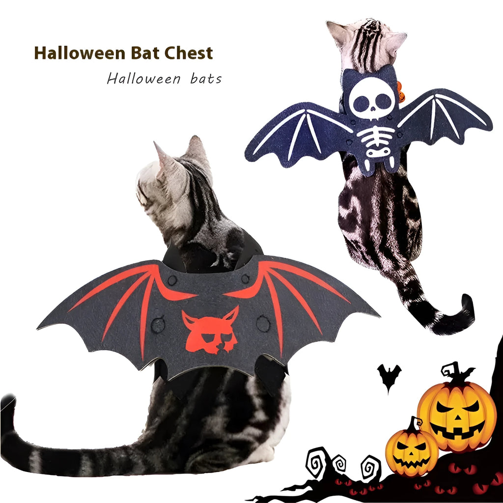 Orange and black batwing costume on a cat for Halloween, with felt fabric and optional bell.