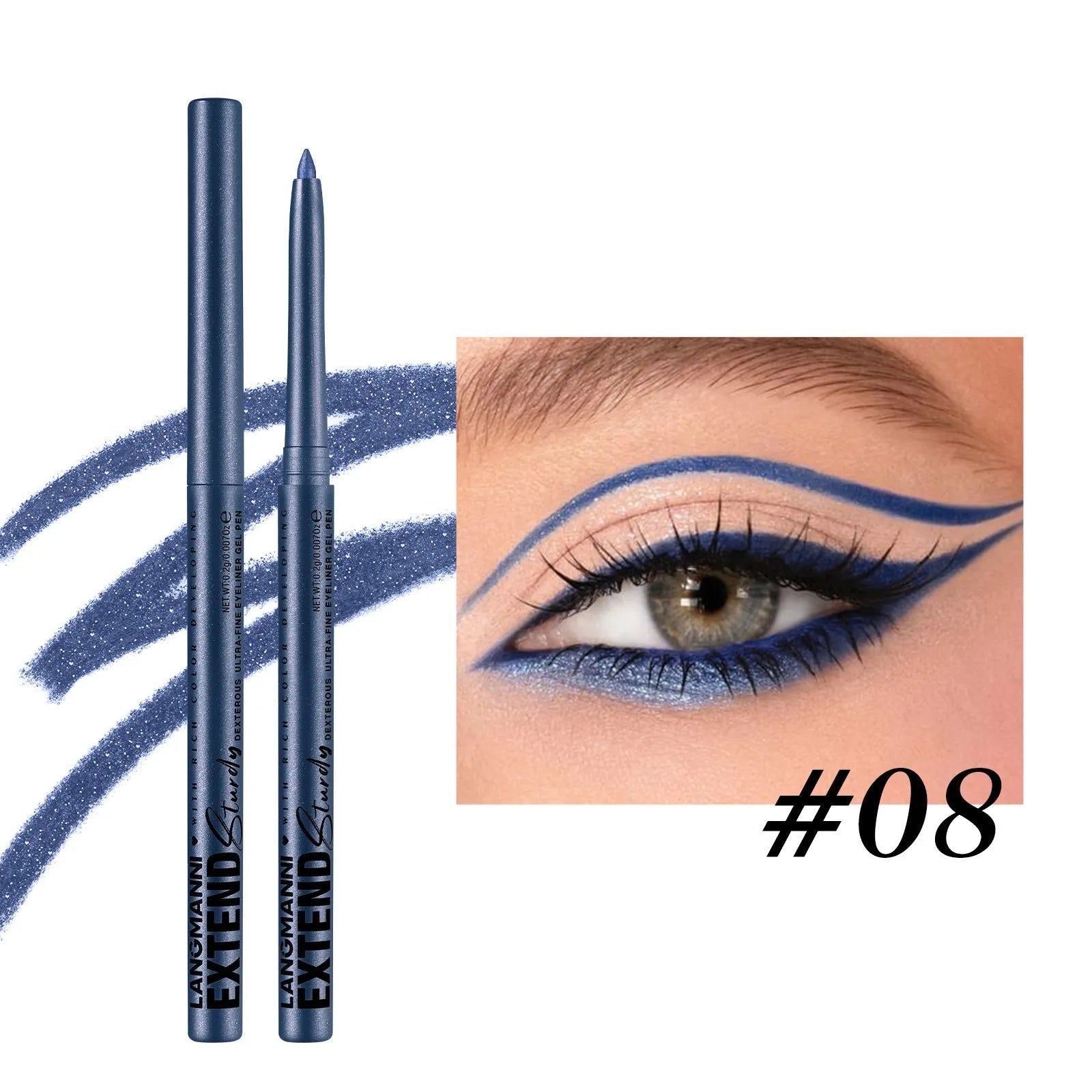 Set of 12 colourful gel glitter eyeliner pencils with various shades on white background