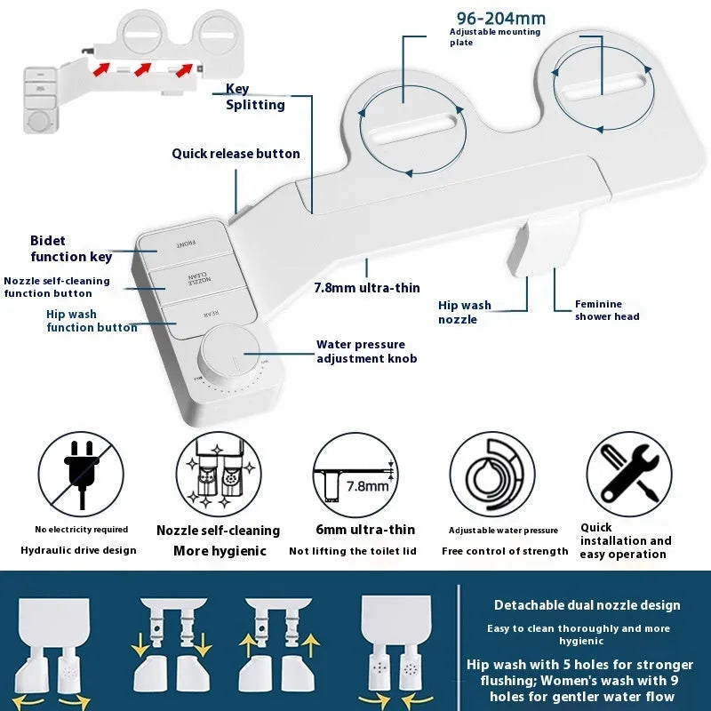 Button-operated manual drain cleaning tool with removable nozzle in pure white, compatible with international pipe standards