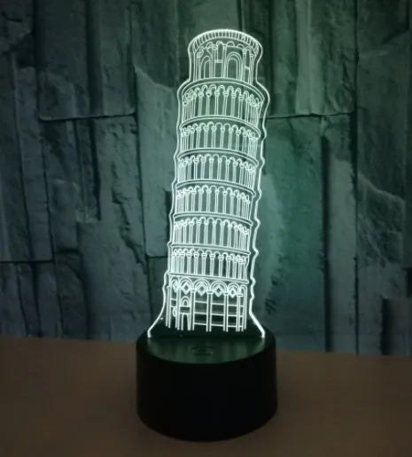 3D acrylic Leaning Tower of Pisa nightlight with colourful LED illumination on black ABS base
