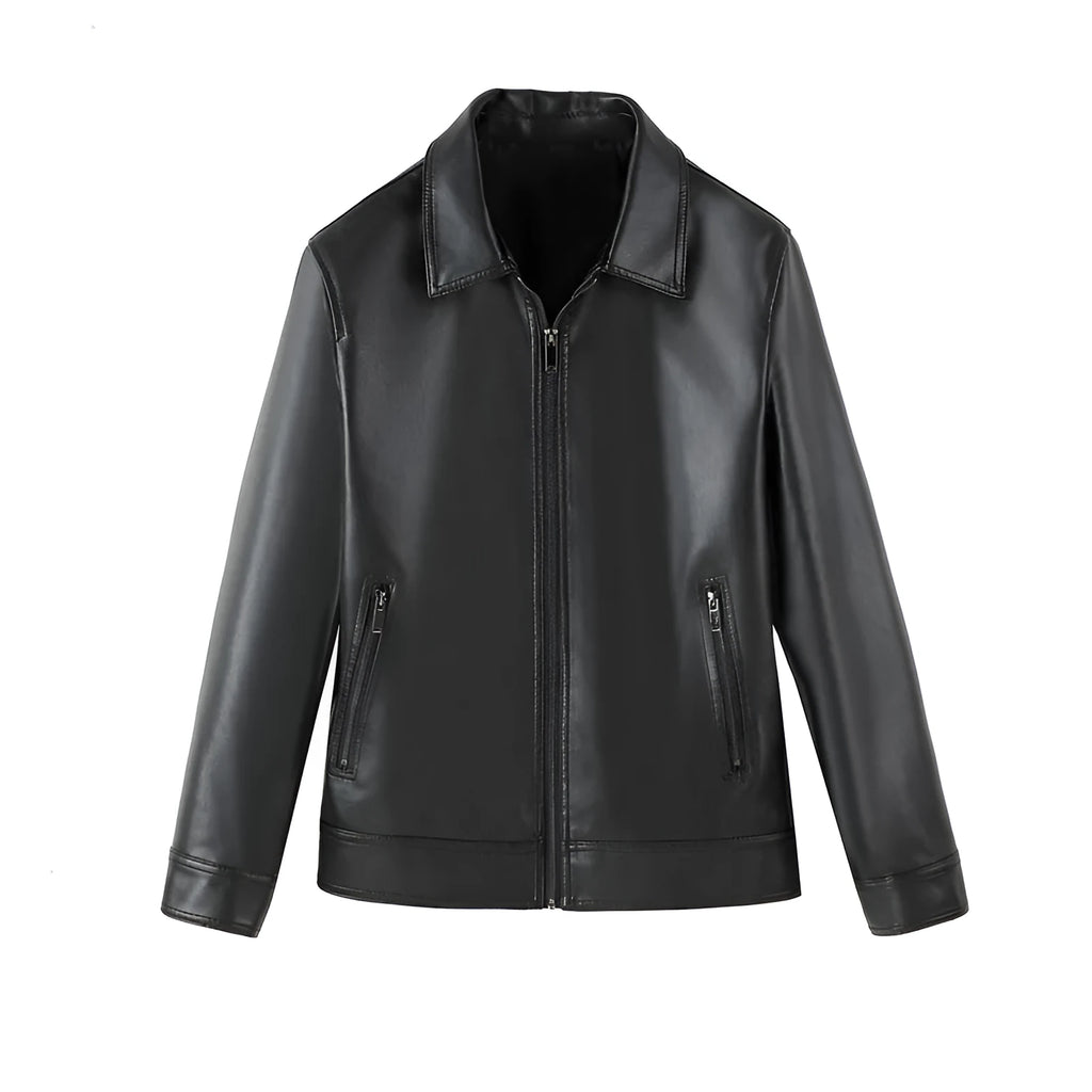 Black men's loose fit PU leather casual jacket with a zip pocket.
