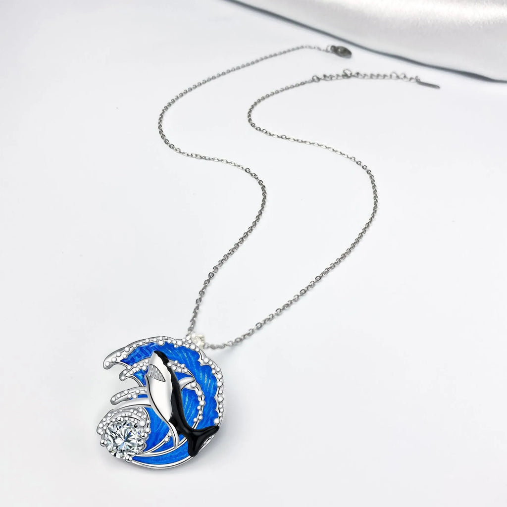 HAILANG women's silver-tone shark pendant necklace on a cross chain, adjustable length.