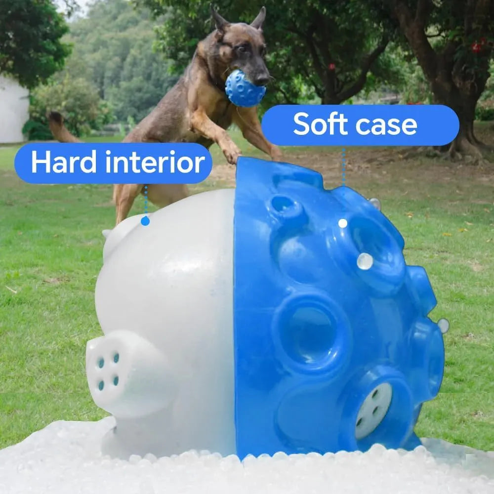 Colourful rubber dog toy ball with textured surface for chewing and teeth cleaning