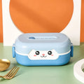 Square plastic divided lunch box showing multiple colour options including dark blue, orange, and pink and green