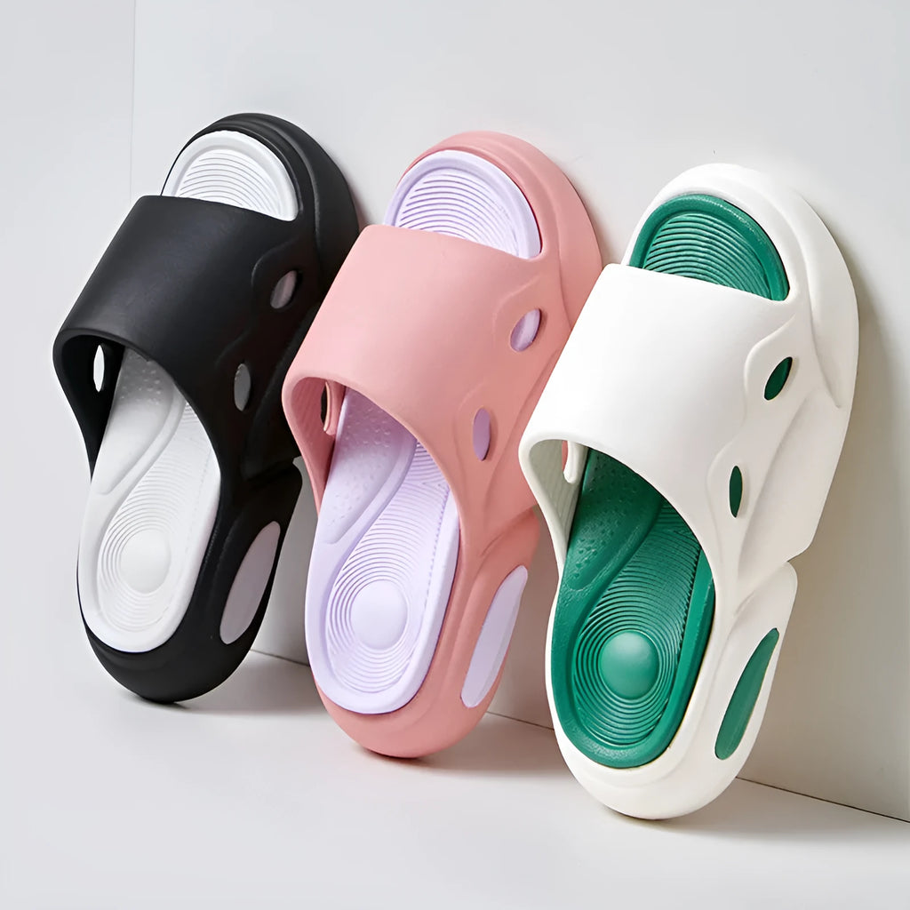 Pair of two-colour EVA slippers with a thick sole and leather lining, shown in available colour options.