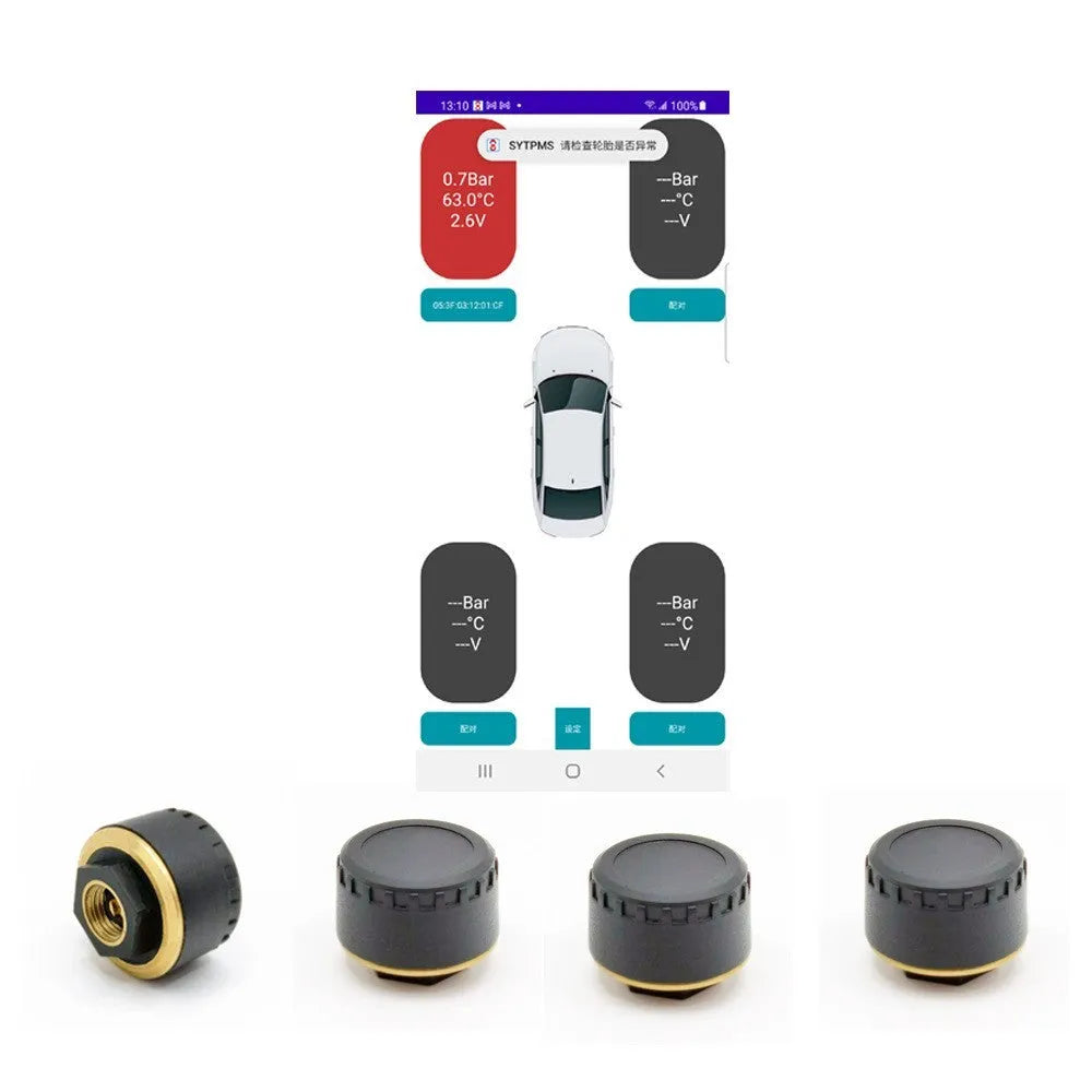 Black external Bluetooth tire pressure monitor sensor set of 4 with IP67 waterproof rating for car wheels
