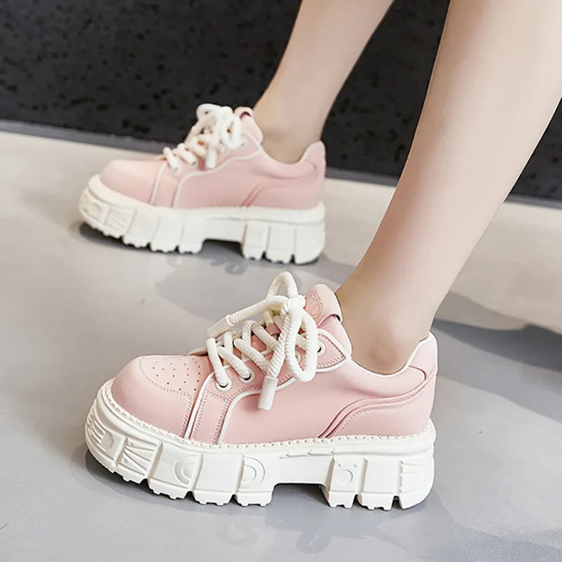Women's casual leather shoes with spring muffin bottom design in beige or pink colours