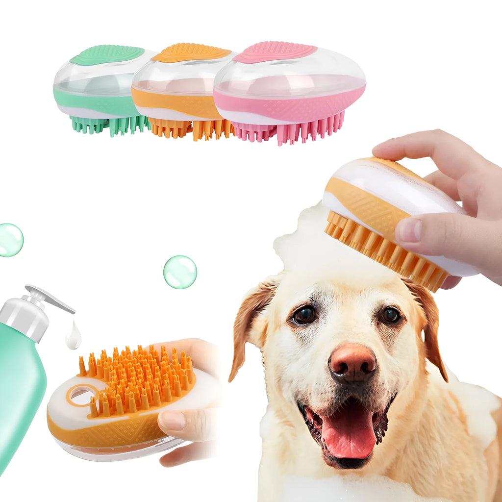 2-in-1 pet bath brush with soft silicone bristles, foam reservoir and non-slip grip in pink, orange or green