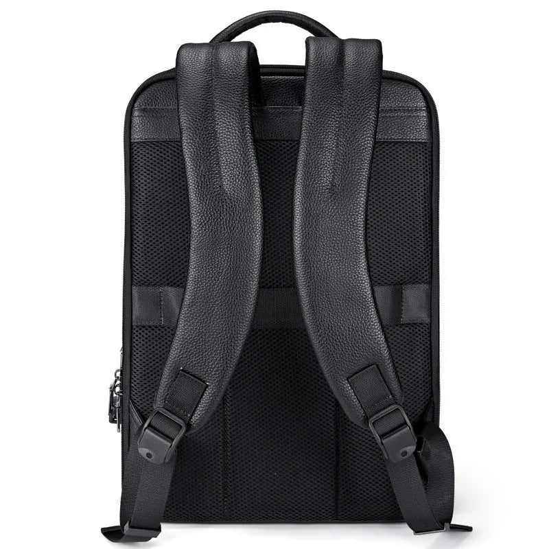 Black leather men's business computer backpack with sewing line detailing and curved shoulder straps