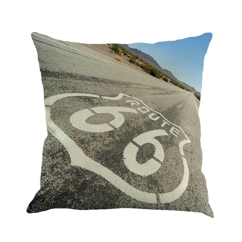 Square linen-cotton blend cushion cover with a scenic Route 66 landscape print.