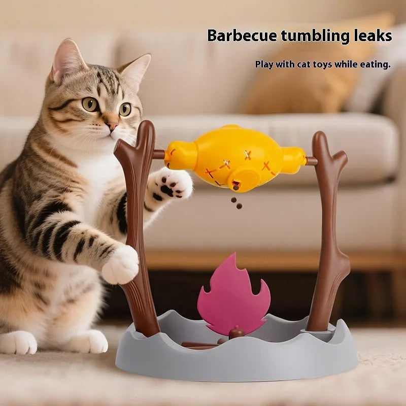 Barbecue-themed tumbling cat feeder toy with leakage food dispensing mechanism