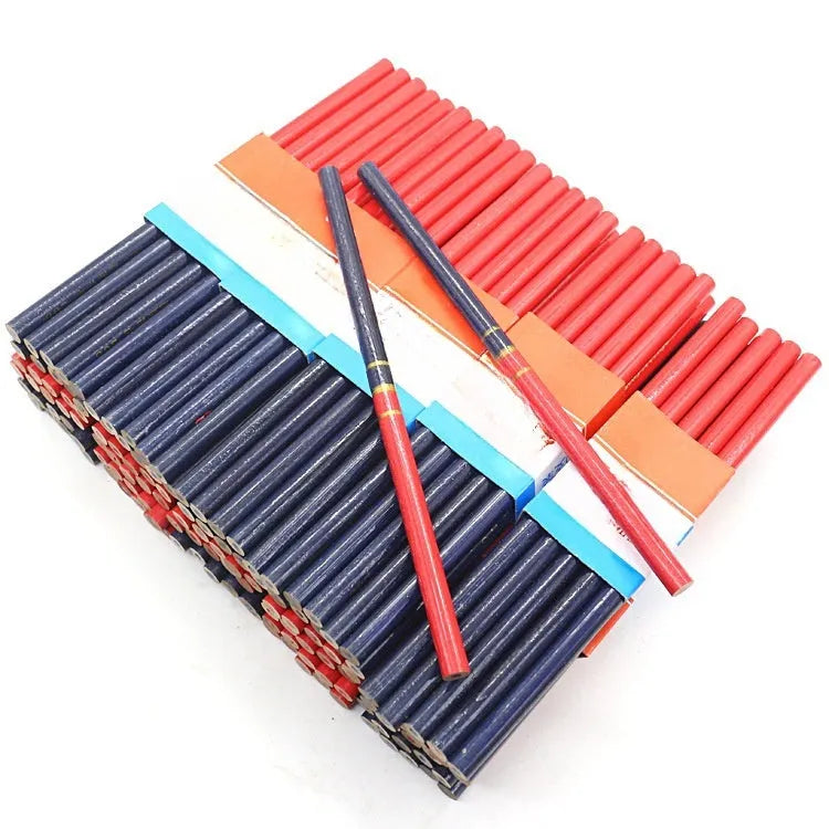 Pack of 10 red and blue two-colour wooden carpenter pencils for marking.